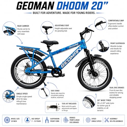 Image of Geoman Dhoom 20 Inch Kids Mountain Bike | Single Speed Cycle with Front Suspension, Dual Disc Brakes, Tool Kit, Side Stand | MTB Bicycle for Boys & Girls Age 7-10 Years