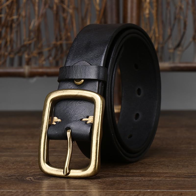 Vintage Full Grain Leather Belt for Men,Genuine Handcrafted Cowhide with Brass Buckle, Classic Unisex Casual Waist Strap(125cm/49, Black)4