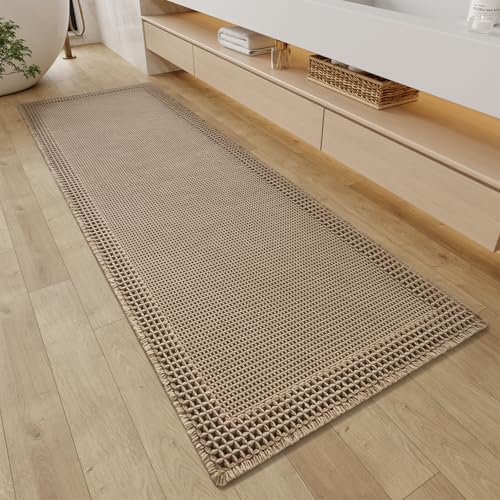 RESARE Waffle Bathroom Runner Rugs, Super Absorbent Bath Mat Non Slip Washable Quick Dry, Upgraded Ultra Soft Boho Bath Rugs with Tassels for Hallway Bedroom Laundry Room, 2'x6'(24'x72'), Brown