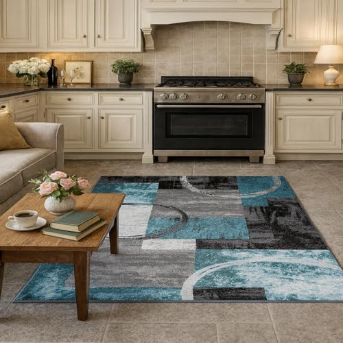 Tapis de salon géométrique 90x150 cm bleu et gris lavable et antidérapant - 2