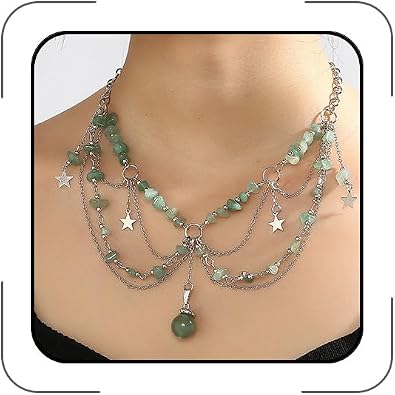 Renaissance Fairy Necklace for Women,Y2K Star Sun Moon Natural Crystal Tassel Chain Choker Necklaces Fantasy Renfaire Necklace for Woodland Fairycore Jewelry Cosplay Costume Accessories
