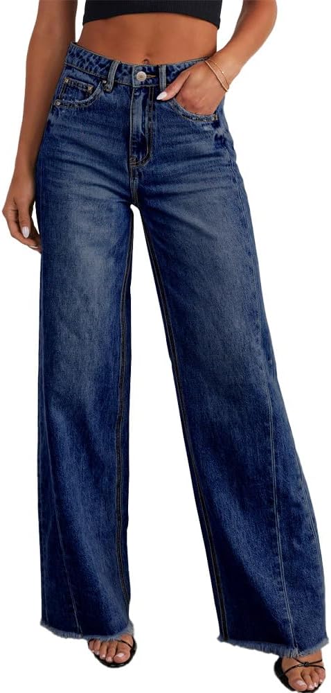 HTD Women's Wide Leg Jeans Casual Baggy Denim Pants with Frayed Raw Hem