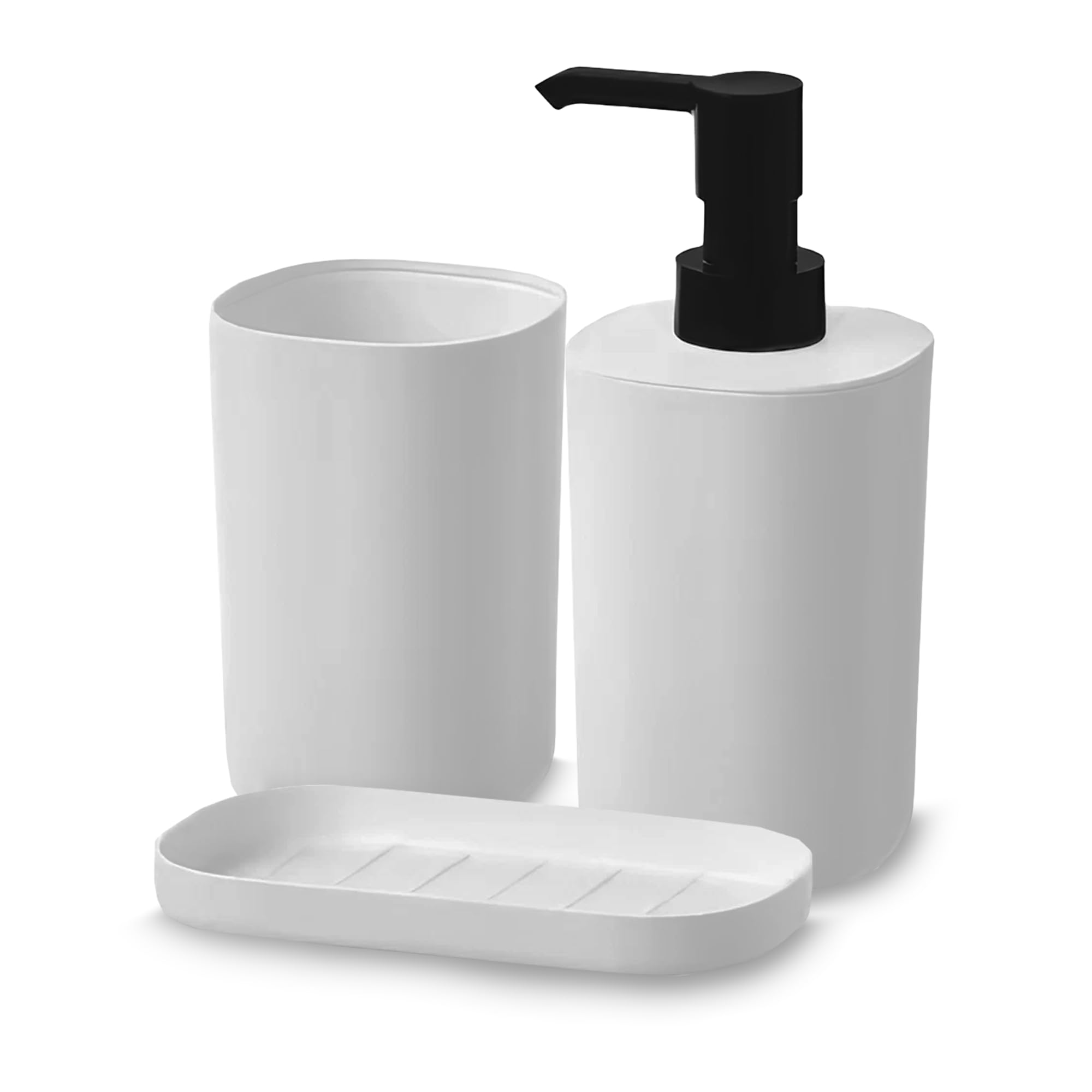 3 Piece Bathroom Accessories Set - Soap Dispenser, Dish and Toothbrush Holder, aesthetic appeal, feature sleek modern designs, mini bathroom makeover - White