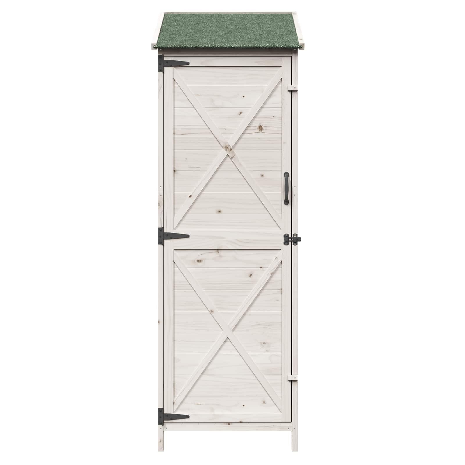 Caseta de jardín de madera, color blanco, 59,5 x 56 x 176,5 cm, con puerta de ventilación y techo inclinado de asfalto para herramientas de jardín y accesorios