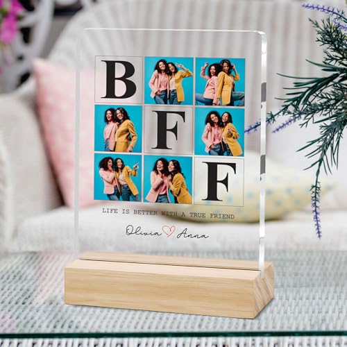 Image of Giftplease Customized Friends Plaque with Wooden Stand | Personalized Photo Frame with Quote | Best Friend Birthday Gift, Farewell Gift, Friendship Day Gift for BFF Keepsake Room Decor FR 08