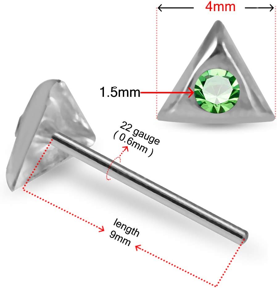 Crystal Stone Triangle Design 22 Gauge 925 Sterling Silver Straight Nose Pin - Nose Stud - Tiny Nose Ring - Nose Piercing Body Jewelry