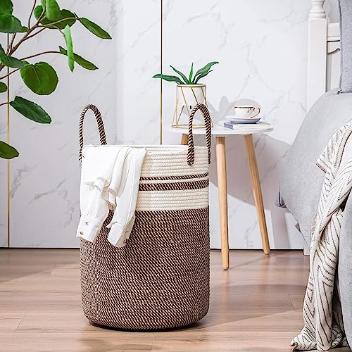 Image of Woven Rope Laundry Hamper Basket, Baby Nursery Hamper For Blanket Storage, Clothes Hamper For Laundry In Bedroom,Hall ( Tall (72L) (16 inchX16 inchX22 inch),(Camel Mix))