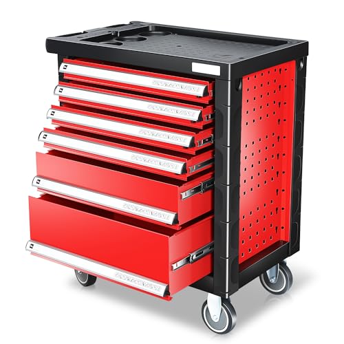 Auto Dynasty Universal Red 6 Drawer Plastic Top Tray Powder-Coated Steel Roller Cabinet for Garage Warehouse Home Office Workshop Repair Tools
