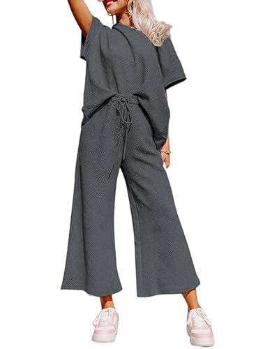 SHEWIN Women's 2 Piece Outfits Sweatsuit Casual Short Sleeve Pullover Tops and Drawstring Wide Leg Pants Lounge Sets