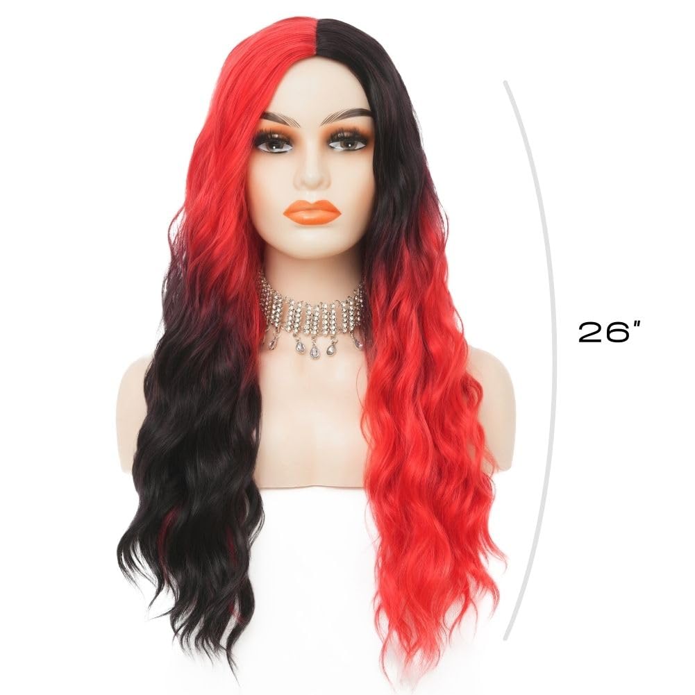 Siudus Red and Black Wigs for Women Long Curly Wavy 27 Inch Hair Wig Synthetic Natural Two Tone Middle Part Wig for Halloween Cosplay Use (Red Black) - Image 2