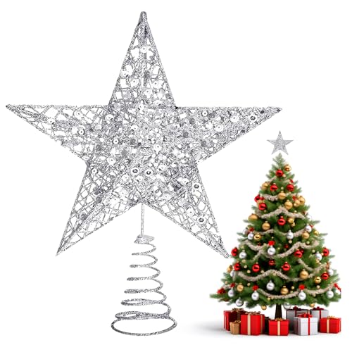 NOCHME Estrela de árvore de Natal 15 cm de largura 4 cm de profundidade estrela de árvore de Natal extra completa em 3D brilhante para decoração de árvore de Natal de Pai Natal em prata