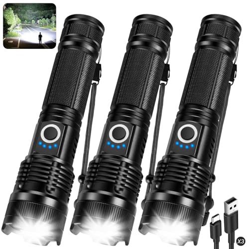3 Pack Rechargeable Flashlights High Lumens, 99000LM Super Bright LED Flashlight, Adjustable Powerful Flash Light with 5 Modes & USB Cable, Waterproof Handheld Flashlight for Home Camping Outdoor