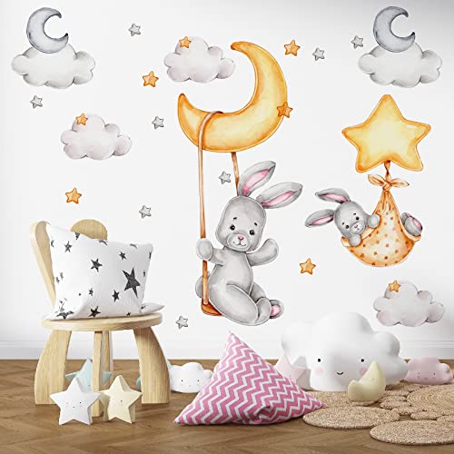 Image of FAYYGYH Cartoon Cute Bunny Sleeping on Stars Wall Decals Lovely Rabbit Star Moon Balloon Wall Sticker, for Bedroom Living Room Baby Boys Girls Art Decoration Children Gift (Clear)