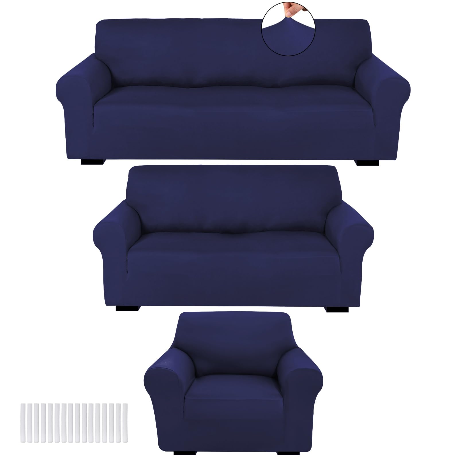 peryiter 3 pcs slipcover set for couch furniture covers for sofa loveseat couch arm chair, form fit stretch, wrinkle free, furniture protector(navy blue,milk silk spandex)