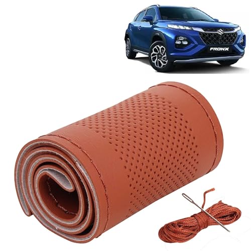 Image of KINGSWAY PU Leatherite Car Steering Cover Sewable Compatible with Maruti Suzuki Fronx (Year 2023 Onwards), Tan Color with Tan Thread, Pack of 1 with Sewing Needle and Thread