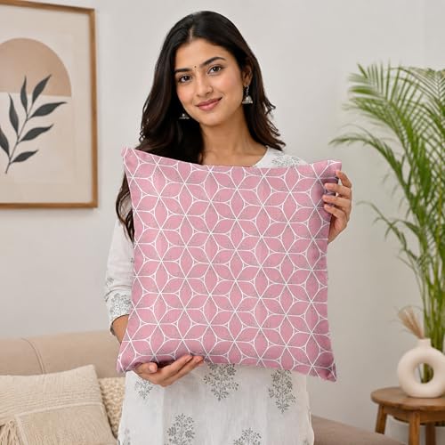 Image of Divine Casa Pluto Cushion Covers Set of 5 Pink | 16x16 Inch Jacquard Patchwork Design Kids Room Sofa Cushion Covers | Decorative Throw Pillow Covers
