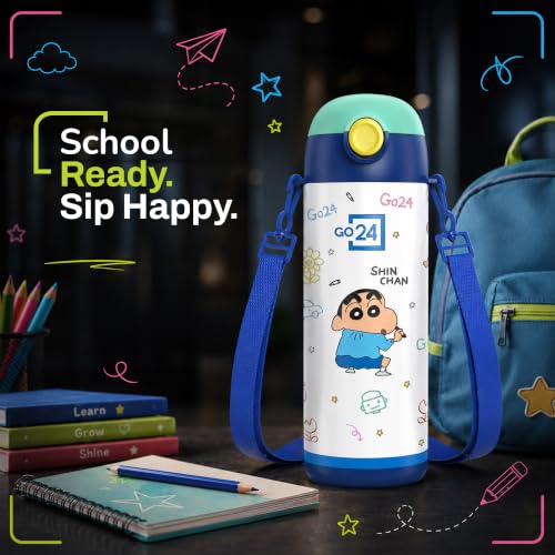 Image of Go24 pexpo Crayon Shinchan ISI Certified Stainless Steel Water Bottle for Kids - 300ml | Hot & Cold Vacuum Insulated Flask | Leak Proof | Carry Strap | School, Picnic - Denim Blue Little Artist