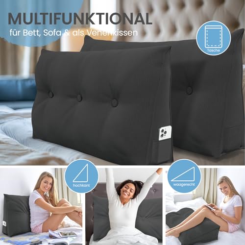 ELONEO Rückenkissen 70 cm breit, Keilkissen für Bett und Sofa geeignet, dreieckiges Lesekissen, Kissen mit abnehmbarem und waschbarem Bezug, mit praktischem Seitenfach