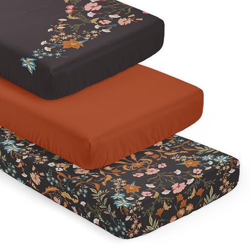 Image of Sweet Jojo Designs 3-Piece Baby Crib Sheets Set (Black Boho Wildflower Vintage Floral) for Girls, Infant Nursery, Toddler Room - Fitted, Standard Size (Solid Rust Orange & Bohemian, Farmhouse, Leaves)