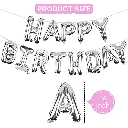 Image of Silver Happy Birthday Balloons Banner (3D Silver Lettering) Mylar Foil Letters | Inflatable Party Decor and Event Decorations for Kids and Adults | Reusable, Ecofriendly Fun