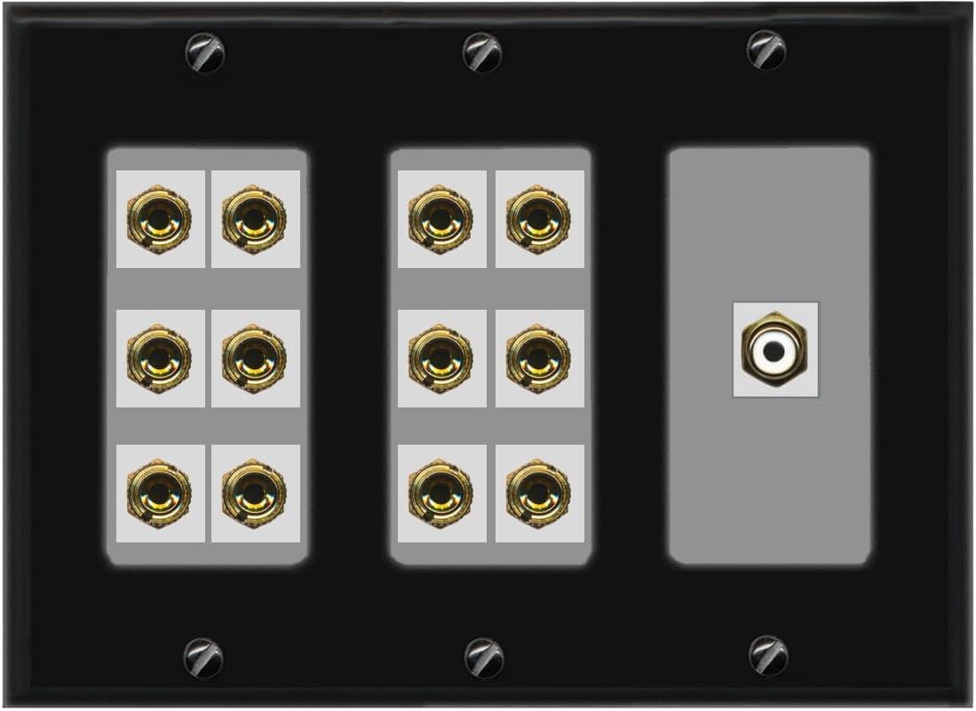 RiteAV 6.1 Surround Sound 6 Speaker 12 Banana Plug Jack Wall Plate w/RCA Subwoofer Female Connector - 3 Gang [Light Almond]