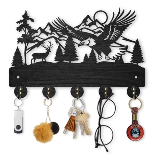MAYJOYDIY Eagle Deer Forest Coat Hooks Wall Mounted 11.8×7.9inch Black Wooden Eagle Key Holder for Wall 5 Alloy Hooks Wall Art Decor Deer Hangers for Towel Key Kitchen Bedroom Entryway Gifts