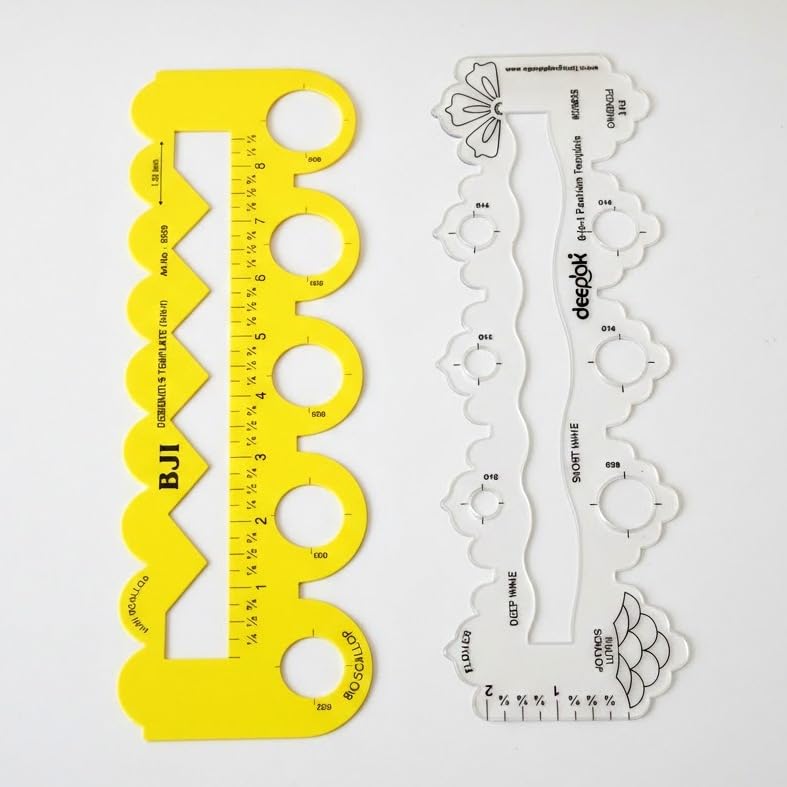Image of Prabhas Designs Scallop Scale Combos, Design Tool for Scallop, Zig-Zag, Straight, Circles, Flower, Triangle Patterns (Yellow 5in1,6in1 scallop)