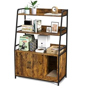 Cat Litter Box Enclosure with Shelves – Large Litter Box Enclosure with Cat Scratching Pad and Anti-Scratch, Vintage Wooden Hidden Cat Litter Box Furniture (Rustic Brown)