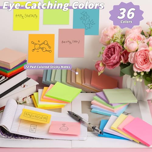 Image of 72 Pack Sticky Notes Bulk 3x3 Inch 36 Colors Colorful Memo Pads