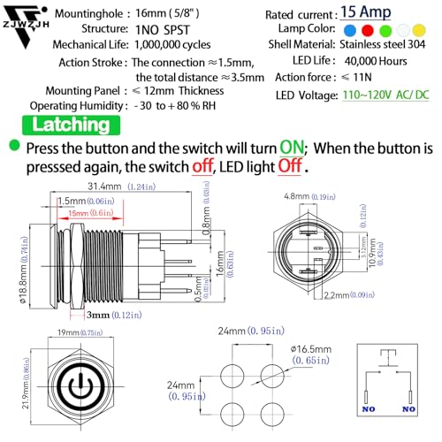 Image of UL Listed 15Amp 16mm Latching Push Button Switch 110V-120V IP67 Waterproof SPST 1NO Stainless Steel with Wire Socket Blue 2Pcs