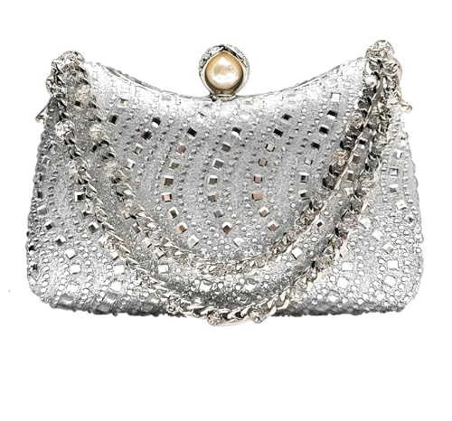 Image of Women's Clutch Crystal Rhinestone Purse With Chain Pearl Clasp Evening Wedding Diamond Handbag
