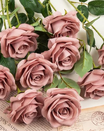 DuHouse 10pcs Silk Roses Artificial Flowers Fake Rose for Arrangement Wedding Party Home Decoration (Dusty Rose) image 3