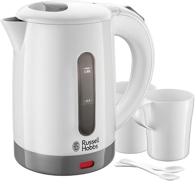 Russell Hobbs Bollitore acqua Elettrico da Viaggio, 0.85 L, 1000 W, 2 Tazze + 2 cucchiaini inclusi, tensione regolabile per uso in tutto il mondo, Filtro removibile, Plastica, Bianco, Travel 23840-70