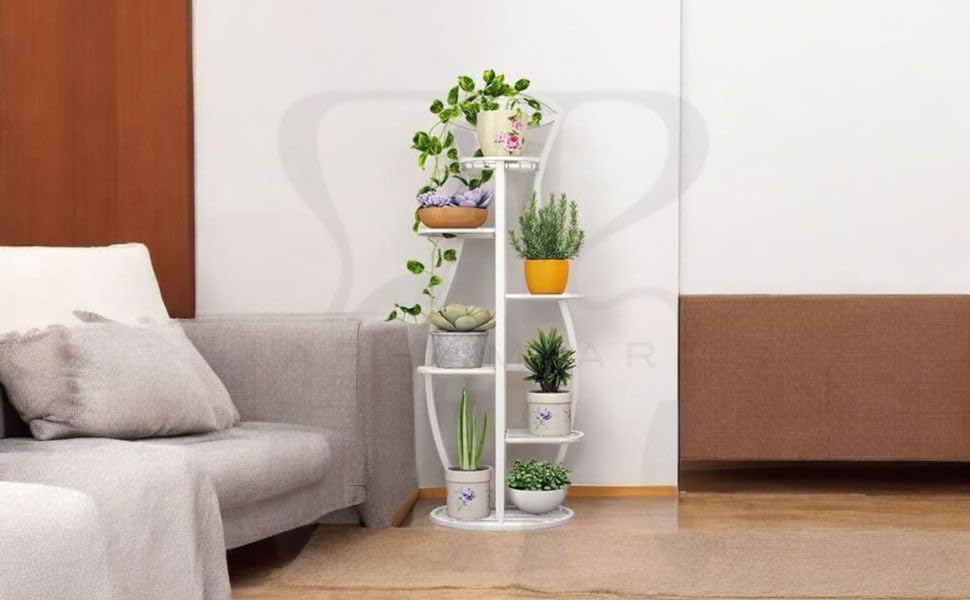 Image of 9 Tier Folding Metal Plant Stand Indoor 8 Tier 9 Potted with Gardening Tools and Gloves, Multiple Flower Pot Holder Display Rack for Patio, Garden, Balcony, Living Room (Surai White)
