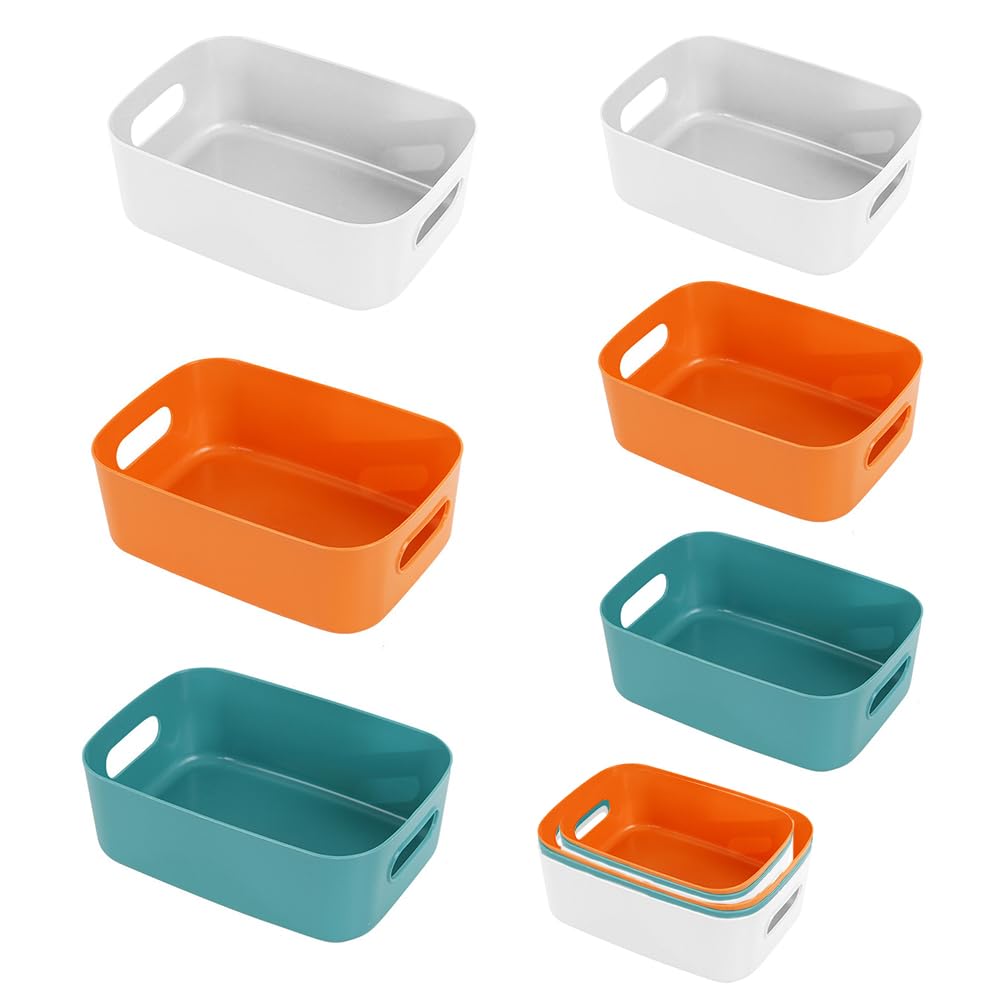 Gohytal Storage Boxes, 6Pcs Plastic Storage Baskets 2 Sizes, Multiple Colors Under Sink Storage Boxes with Handles, Multi Use Open Storage Bins for Kitchen Bathroom Organiser, Stackable Pantry Basket