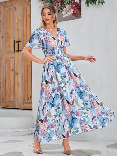 Image of Simplee Women's Boho Floral Maxi Dress Flowy Casual V Neck Short Sleeve Wedding Guest Holiday Beach Long Dress