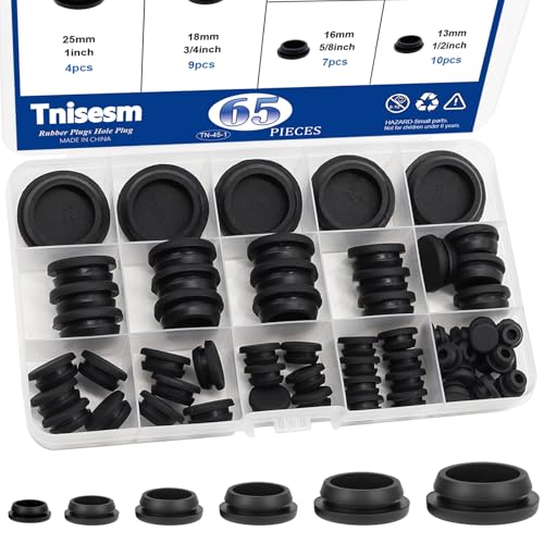 Image of Tnisesm 65PCS 6 Sizes Black Rubber Plugs for Round Holes Silicone Plugs, 1 inch 3 /4 inch 5 /8 inch 1 /2 inch 3 /8 inch 1 /4 inch Round Hole Plug Snap Locking, Used for Furniture