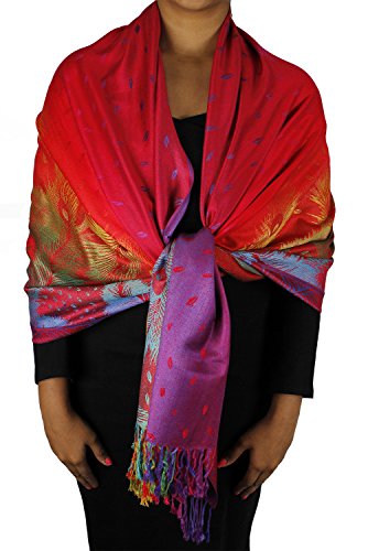 Peach Couture Rainbow Silky Tropical Feather Pashmina Wrap Shawl Scarf Cherry Red