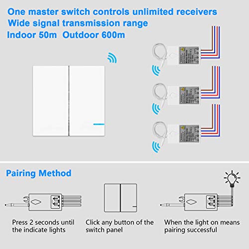 Thinkbee Master Wireless Light Switch Panel, Main Remote Wall Switch for Lamps Fans (One Switch Control Multiple Receivers; Left on Button,Right Off Button) - Image 3