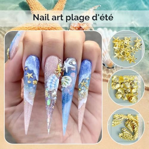 AuraFusion Nail Charms Gold, 3D décor d'ongles en métal – Thème d'été Plage avec Coquillages, hippocampes et Perles pour manucure DIY et projets artistiques – vue 3