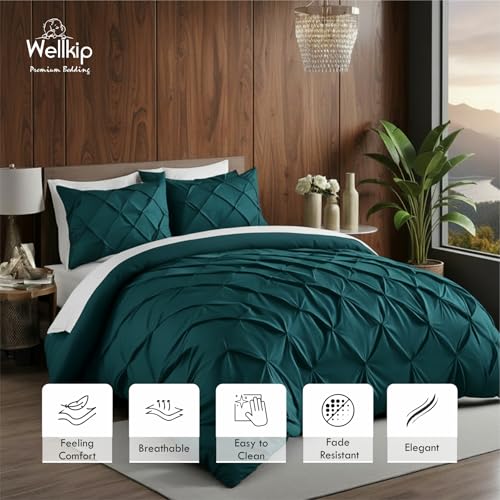 Image of Wellkip Pinch Pleated Duvet Cover Set 1000TC 100% Cotton Premium 3-Pieces 1-Duvet Cover & 2-Pillow Cover Luxury Look Home and Hotel Zipper & 8-Tie Closure (Teal, King 92 X 106 Inch)