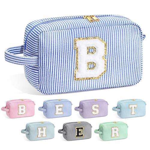 Image of YOOLIFE Bridesmaid Proposal Gifts - Personalized Bridal Shower Bridesmaid Bride To Be Bachelorette Party Gifts Maid Matron Honor Gifts, Monogram Initial Blue Makeup Bag Cosmetic Bag, Blue B