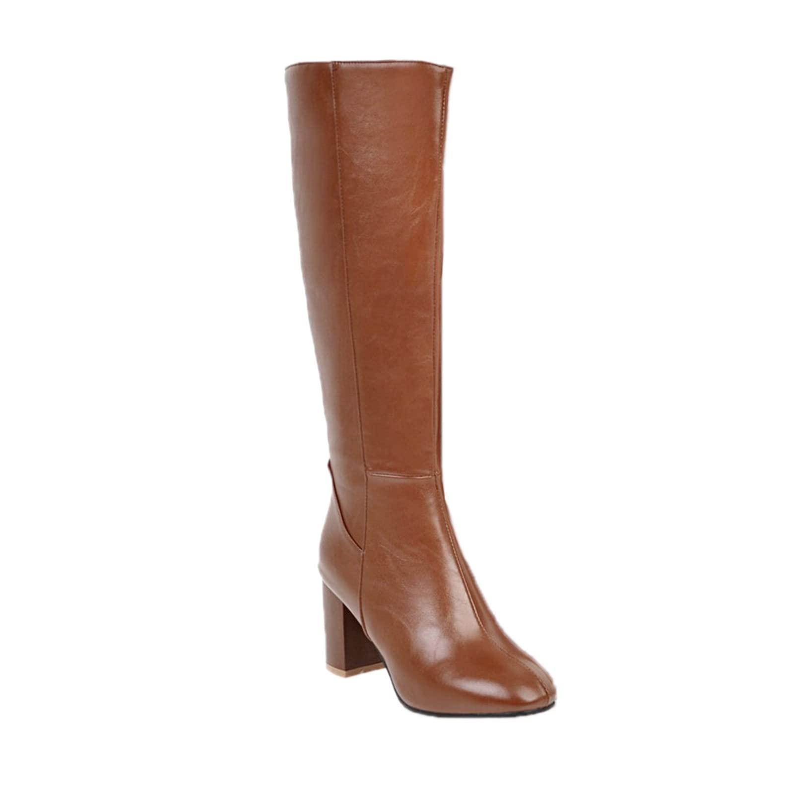 Womens Knee High Boots Chunky Heel Riding Boots PU Leather Side Zipper Western Cowboy Boot for Ladies