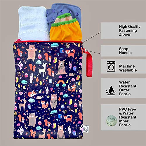FLOCK THREE Washable and Reusable Wet Bag Diaper Bag Water Resistant Swimming Bag Travel Toiletries Pouch Cute Animals Zippered 12.6\'\' x 16.5\'\'