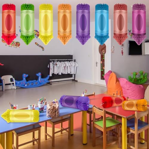 Image of 12PCS Crayon Theme Classroom Decor Preschool Kindergarten Back to School First Day of School Decor Classroom Hanging Ceiling Decorations Colorful Crayon Honeycomb Decorations