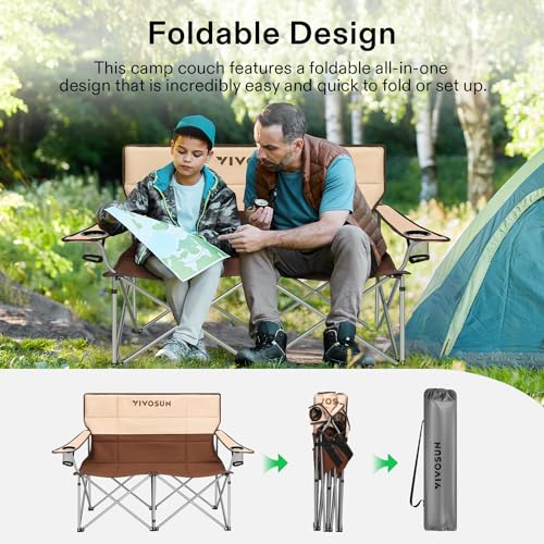 Image of VIVOSUN [outlets] Double Camping Chair, Fully Padded Folding Loveseat, Portable Oversized Duo Chair with Storage Cup Holders, Height-Adjustable Armrests & Carry Bag, Supports up to 500lbs