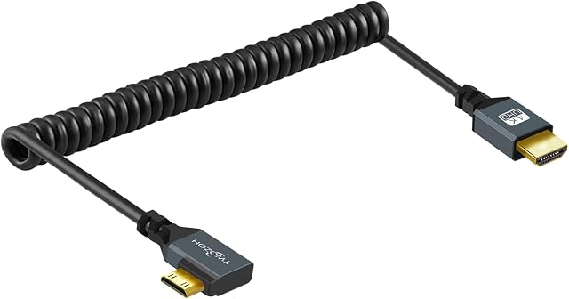 Twozoh Zwinięty kabel Mini HDMI na HDMI, 90° stopni Mini HDMI na HDMI, kabel zwijany 90° obsługuje 3D/4K 1080P rozciągnięta długość do 1,5M