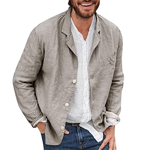 Mens Cotton Linen Button Down Blazers Long Sleeve Solid Shirts Lightweight Dinner Parties and Prom Formal Jackets Plus Size
