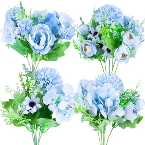 DomeStar 4PCS Artificial Flower Bouquets, Fake Peony Silk Bouquet Blue Faux Flower Arrangements Flores Artificiales para Decoracion for Home Wedding Decoration