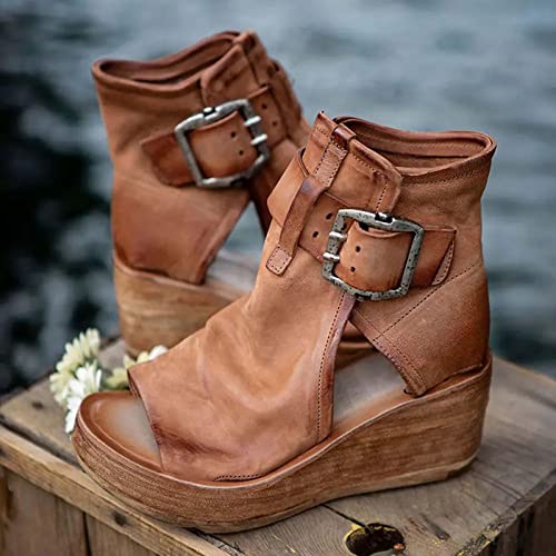 High Top Sandals For Women Platform Summer Vintage Casual Fish Mouth Open Toe Buckle Hollow Chunky Wedge Sandals Comfy Ladies Outdoor Roman Shoes Brown #TOP1